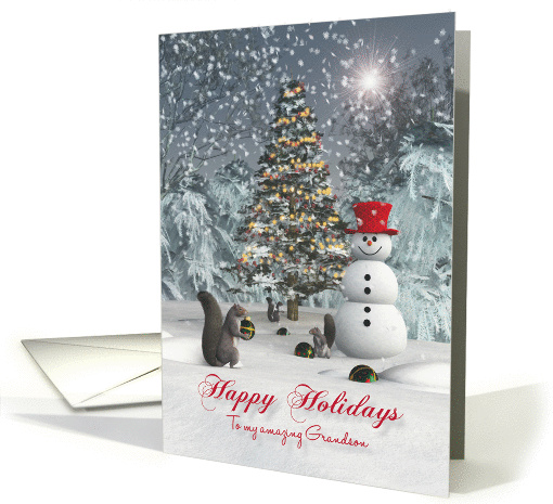 Grandson Fantasy Squirrels decorating Christmas tree card (1396052)