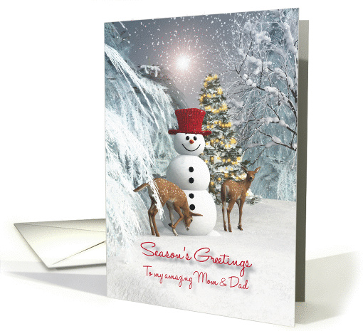 Mom & Dad Fantasy Snowman with fawns Christmas tree card (1396352)