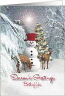 Both of You Fantasy Snowman with fawns Christmas tree card