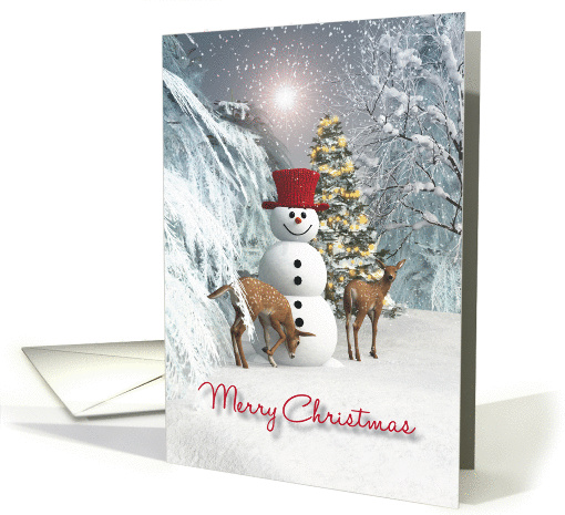 Fantasy Snowman with fawns Christmas tree card (1396396)