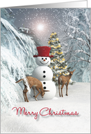 Fantasy Snowman with fawns Christmas tree card