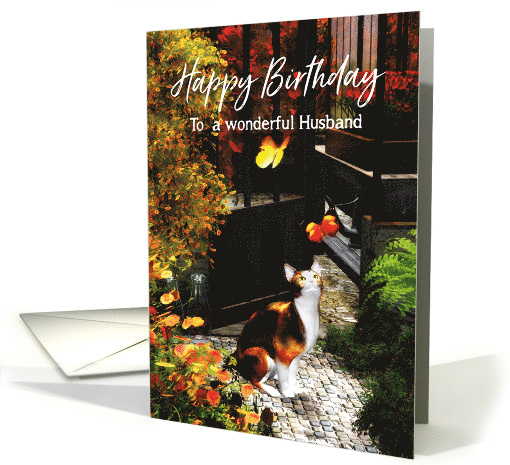 Cat loving butterflies for Husband Birthday card (1498226)