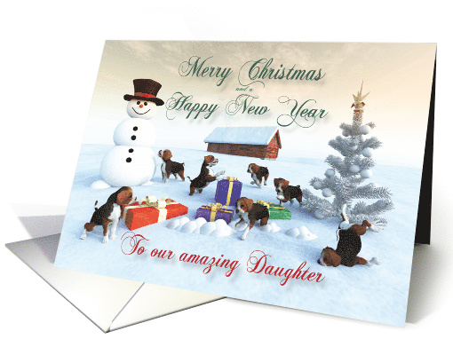 Beagle Puppies Christmas New Year Snowscene for Daughter card
