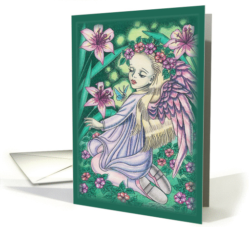 Alice Angel in Garden With Pink Lilies And Butterfly Blank card