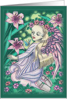 Alice Angel in Garden With Pink Lilies And Butterfly Blank Card