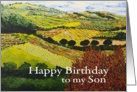 Fields & Hills Landscape with Red Bush - Happy Birthday Son card