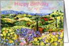 Colorful landscape and flower garden-Happy Birthday Cousin card