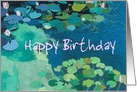 Happy Birthday - Pink water lilies and pods on blue water card