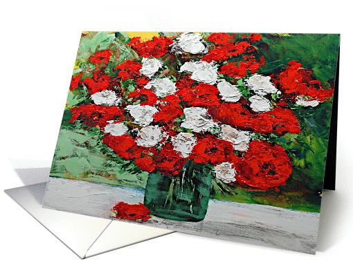 Blank Note Card -Red and White Flowers in a Green Vase card (1115124)