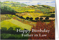 Fields & Hills Landscape with Red Bush - Happy Birthday Father in Law card