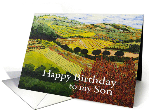 Fields & Hills Landscape with Red Bush - Happy Birthday Son card