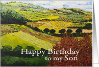 Fields & Hills Landscape with Red Bush - Happy Birthday Son card