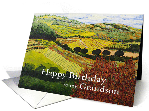 Fields & Hills Landscape with Red Bush-Happy Birthday Grandson card
