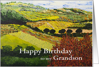 Fields & Hills Landscape with Red Bush-Happy Birthday Grandson card