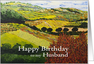Fields & Hills Landscape with Red Bush-Happy Birthday Husband card