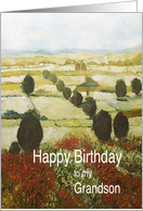 Landscape with trees & wildflowers-Happy Birthday Grandson card