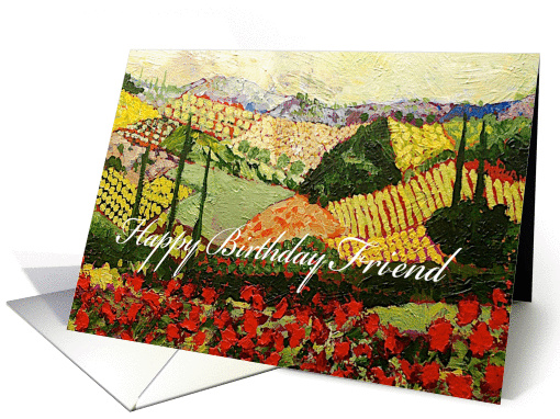 Landscape with trees & red flowers-Happy Birthday Friend card