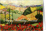 Landscape with trees & red flowers-Happy Birthday Friend card