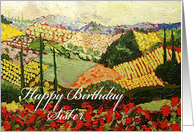 Landscape with trees & red flowers-Happy Birthday Sister card