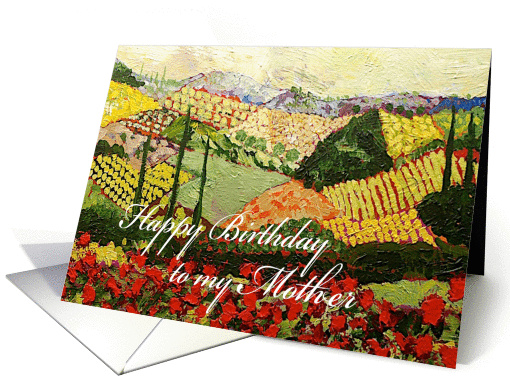 Landscape with trees & red flowers-Happy Birthday Mother card