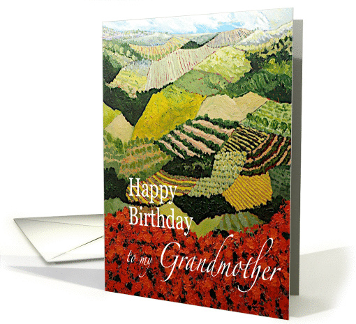 Red flowers & vineyards Landscape- Happy Birthday Grandmother card