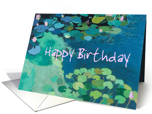 Happy Birthday - Pink water lilies and pods on blue water card