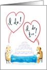 Newlywed dogs saying I do in front of a giant Wedding cake. card