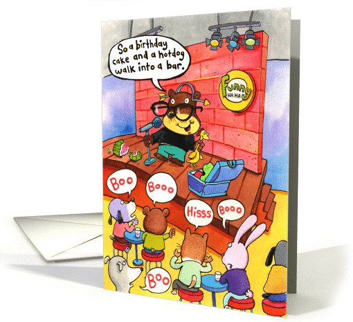 Standup Comedian and Booing Audience Silly Joke Humorous Birthday card