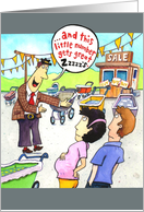 Used car saleman making a stroller sale to an expecting mother card