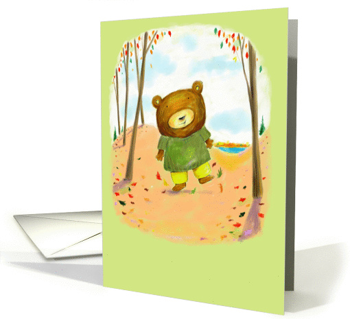 Cute little bear kicking up Fall leaves in the woods. card (1115466)
