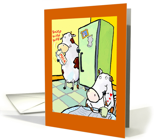 Cow sniffing milk wondering if it's sour. card (1153370)