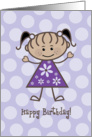 Happy Birthday Ethnic Stick Figure Girl - Purple Polka Dots card