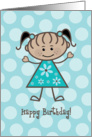 Happy Birthday Ethnic Stick Figure Girl - Teal Polka Dots card