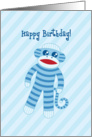 Happy Birthday Sock Monkey - Blue Striped card