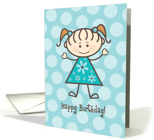 Happy Birthday Stick Figure Girl - Teal Polka Dots card (1117964)