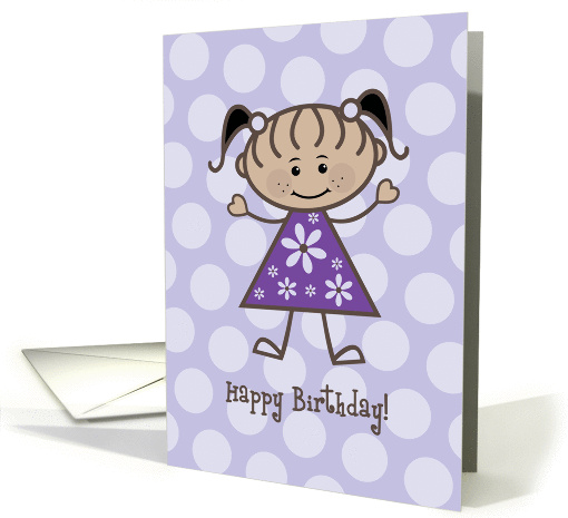 Happy Birthday Ethnic Stick Figure Girl - Purple Polka Dots card