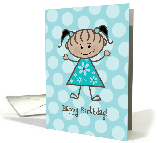 Happy Birthday Ethnic Stick Figure Girl - Teal Polka Dots card