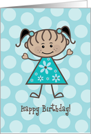 Happy Birthday Ethnic Stick Figure Girl - Teal Polka Dots card