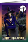 Sexy witch with cat in a cemetery the night of Halloween card