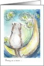 birthday whimsical cat sits on moon with stars card