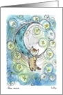 Blue moon ... Kitty hanging on a moon, cartoon. Blank note card