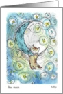 Whimsical cat hang on blue moon birthday card