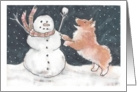 Corgi plays snow ball with snowman - blank notes card