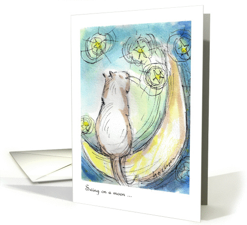 birthday whimsical cat sits on moon with stars card (1153630)