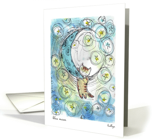 Blue moon ... Kitty hanging on a moon, cartoon. Blank note card