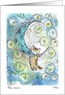 Blue moon ... Kitty hanging on a moon, cartoon. Blank note card