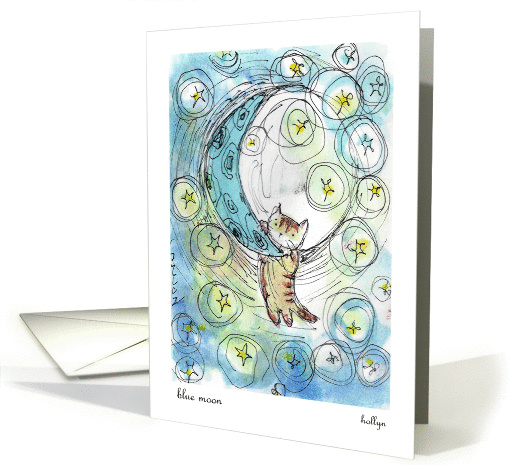 Whimsical cat hang on blue moon birthday card (1153638)