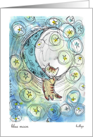 Whimsical cat hang on blue moon birthday card