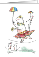 Blank Note Card, Cat And Mouse High Wire Act with Colorful Umbrellas card