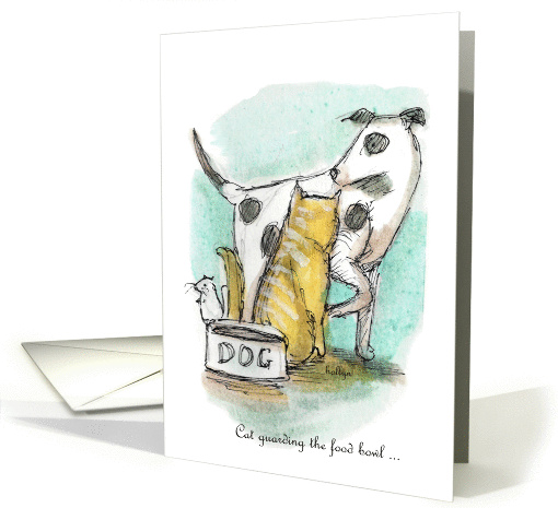 Hang In There, Whimsical Cat Guards Dog Food Bowl card (1153688)